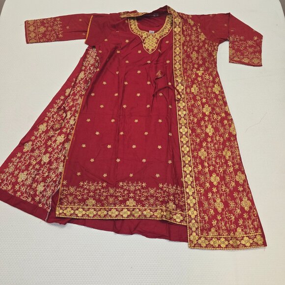 Red and Gold Desi Traditional Wear Salwar Kameez W Embroidered Jacket Size XL - Picture 3 of 8